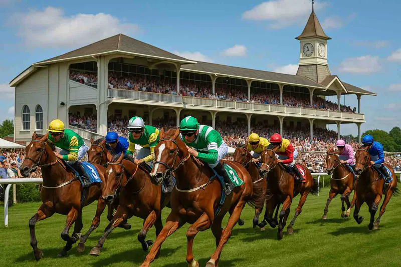 在一场高赌注的一级赛中，纯种马从看台前飞驰而过。