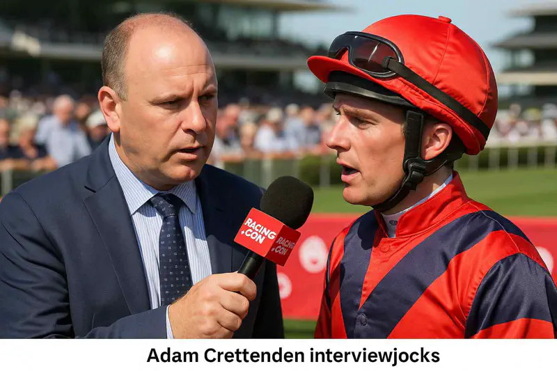 Commentateur interviewant un jockey après la course, représentant Adam Crettenden