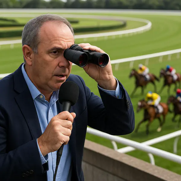 Commentateur avec jumelles et micro dans une course de Groupe 1, représentant Darren Flindell