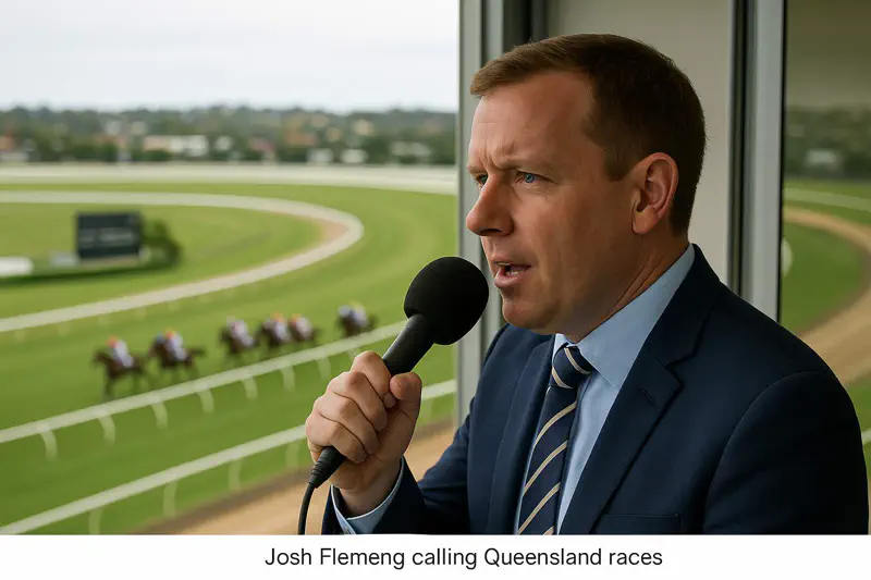 Commentateur dans une cabine sur l’hippodrome de Queensland, représentant Josh Fleming