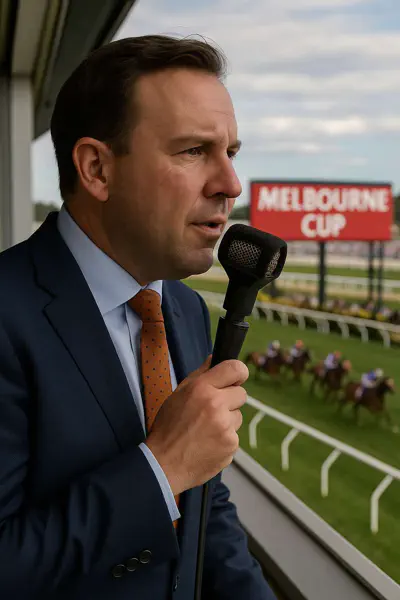 Commentateur avec micro à la Melbourne Cup, représentant Matt Hill