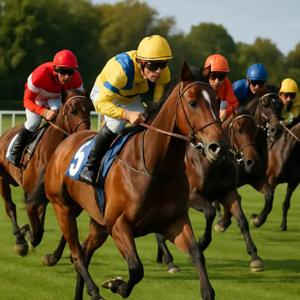 Horse racing with jockeys in action