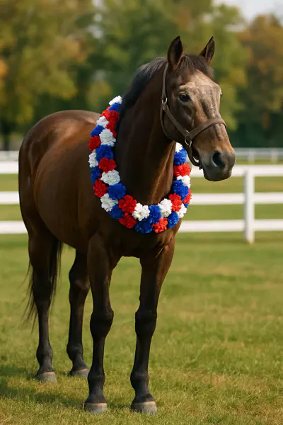 Retired racehorse with floral wreath in paddock