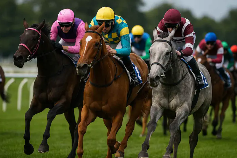 Acción vibrante de caballos pura sangre y jinetes con sedas coloridas corriendo en una pista verde