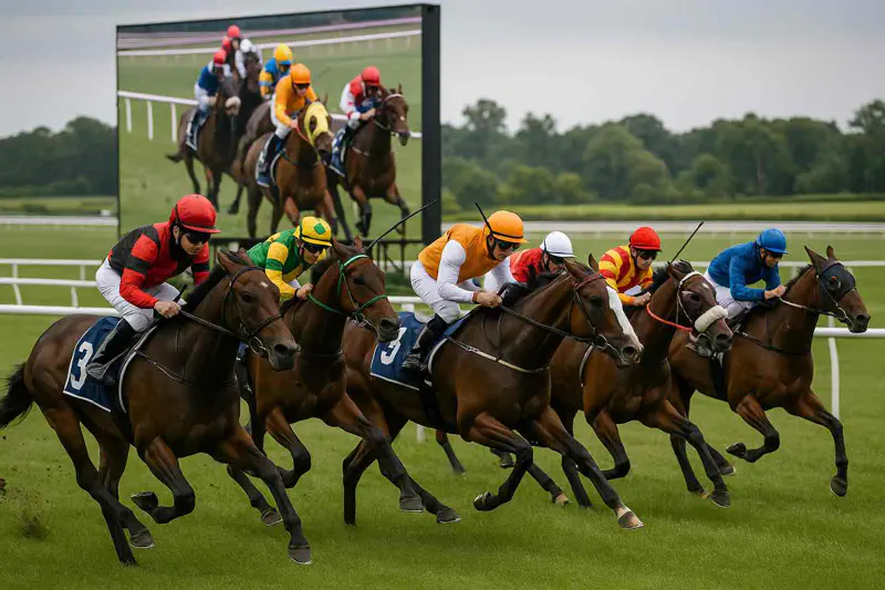 Live horse racing scene from an online stream showing horses on track
