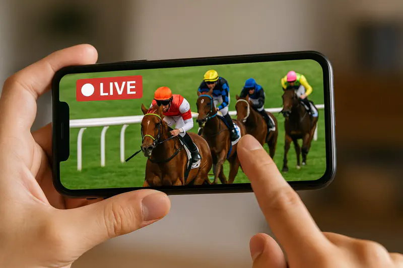 Person streaming a live horse race on a mobile device