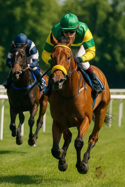 Horses racing on a track during a competitive Saturday event