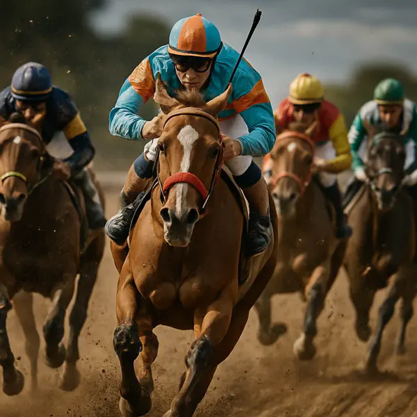 Jockeys chevauchant des chevaux à pleine vitesse lors d’une course intense