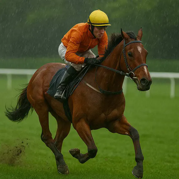 Horse racing on a heavy track in rain