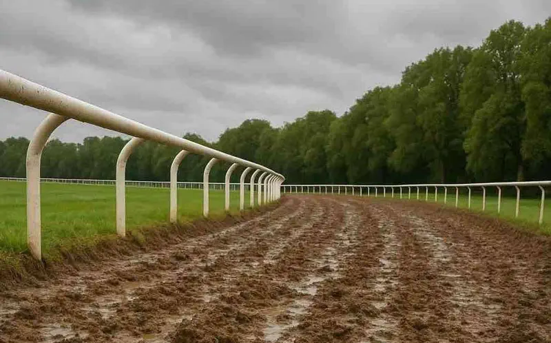 湿滑泥泞的赛马跑道，地面有明显的深蹄印和积水