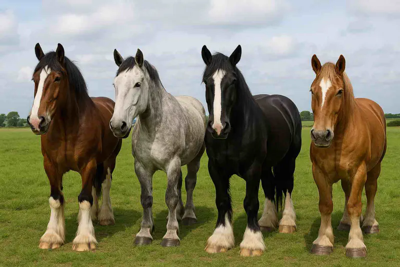 Clydesdale、Percheron、Shire、そしてBelgianのドラフトホースが牧草地に佇んでいる