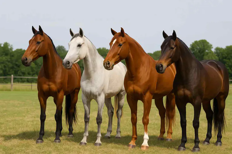 サラブレッド、アラビアン、クォーターホース、モルガンが芝生のフィールドに立っている