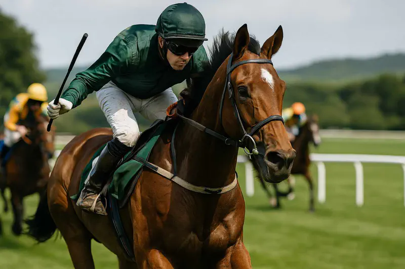 Jockey riding a bay horse at the start of a horse race on turf track