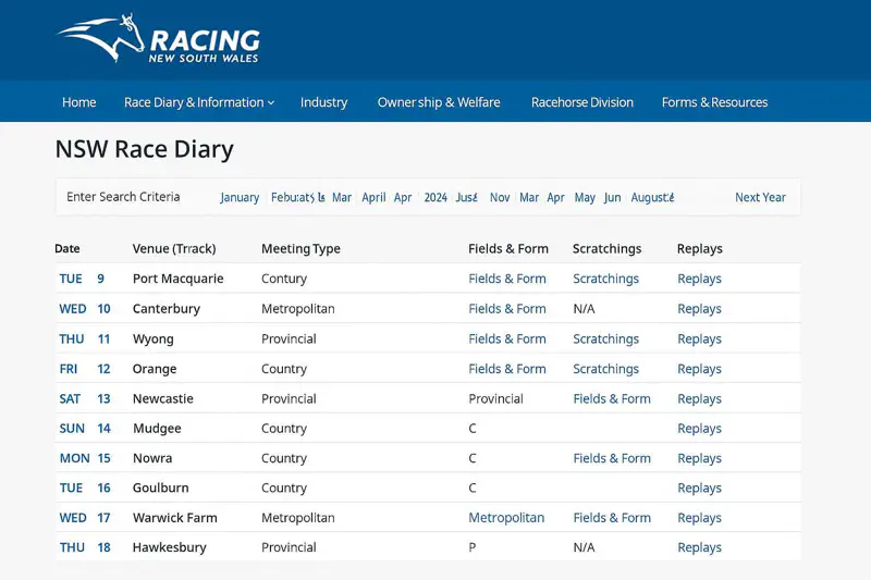 NSW Race Diary Screenshot – Fields & Form View