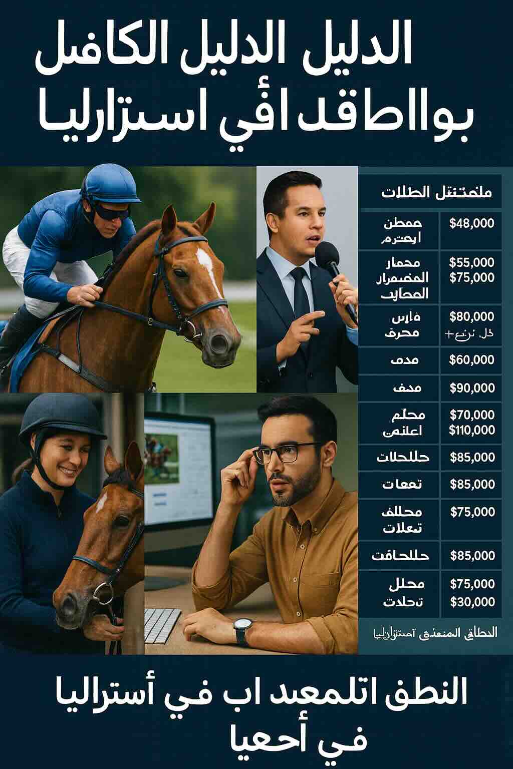 صورة جماعية لمحترفي سباقات الخيل تشمل فرسان، محللين، ومعلني سباقات، مع جدول رواتب وظائف سباقات الخيل في أستراليا