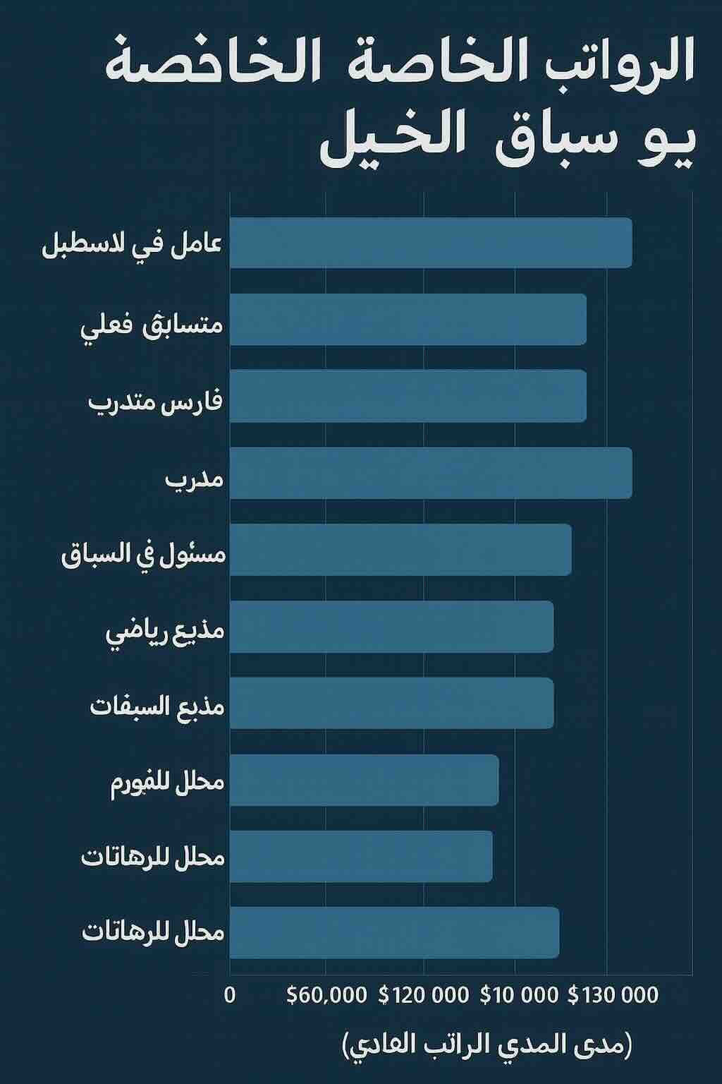 رسم بياني بالأعمدة يعرض نطاق الرواتب النموذجية بوحدة الدولار الأسترالي لوظائف سباقات الخيل في أستراليا مثل الفرسان، والمراقبين، والمحللين، والمدربين