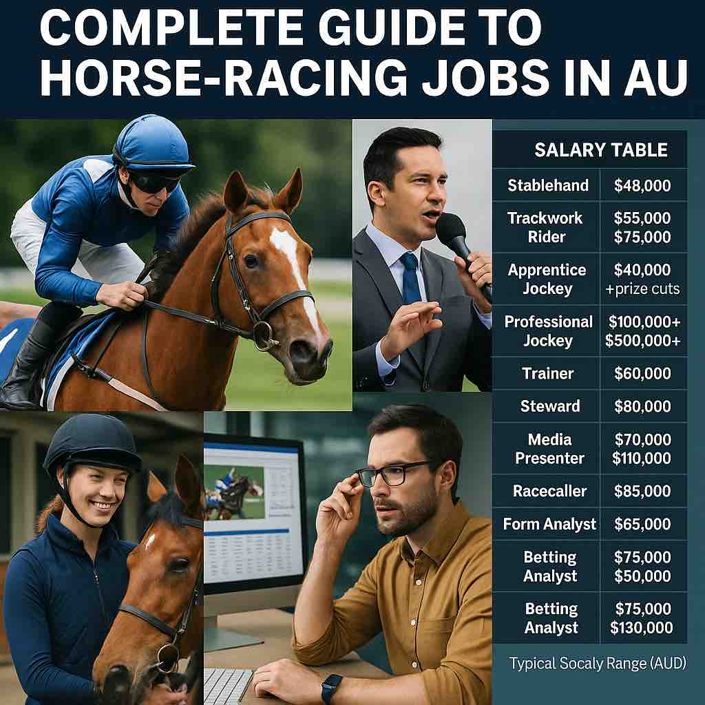 Collage of horse racing professionals including jockeys, analysts, and racecallers, with a salary chart for Australian horse racing jobs