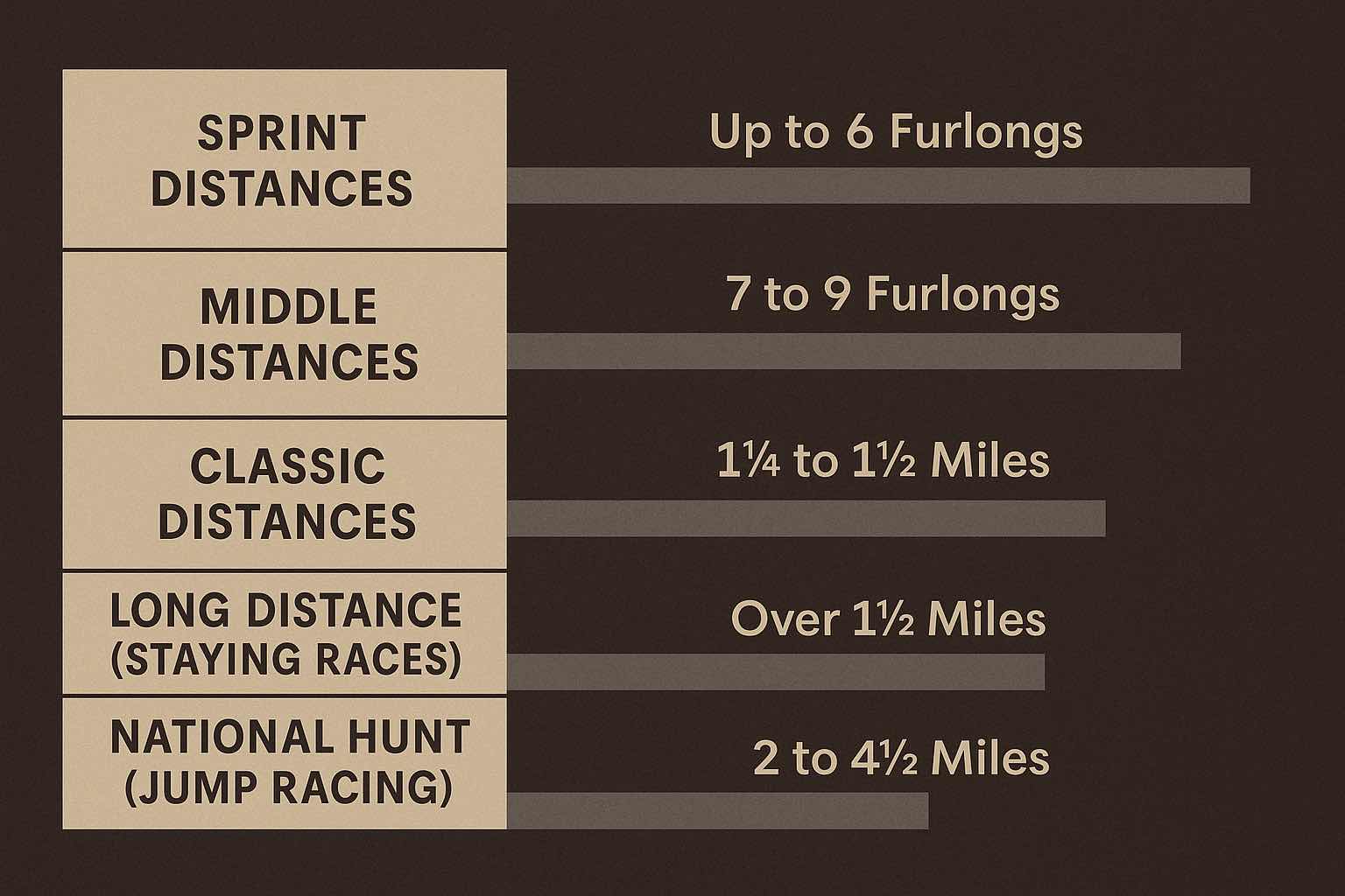 Horse racing distance chart showing categories and ranges in furlongs and miles