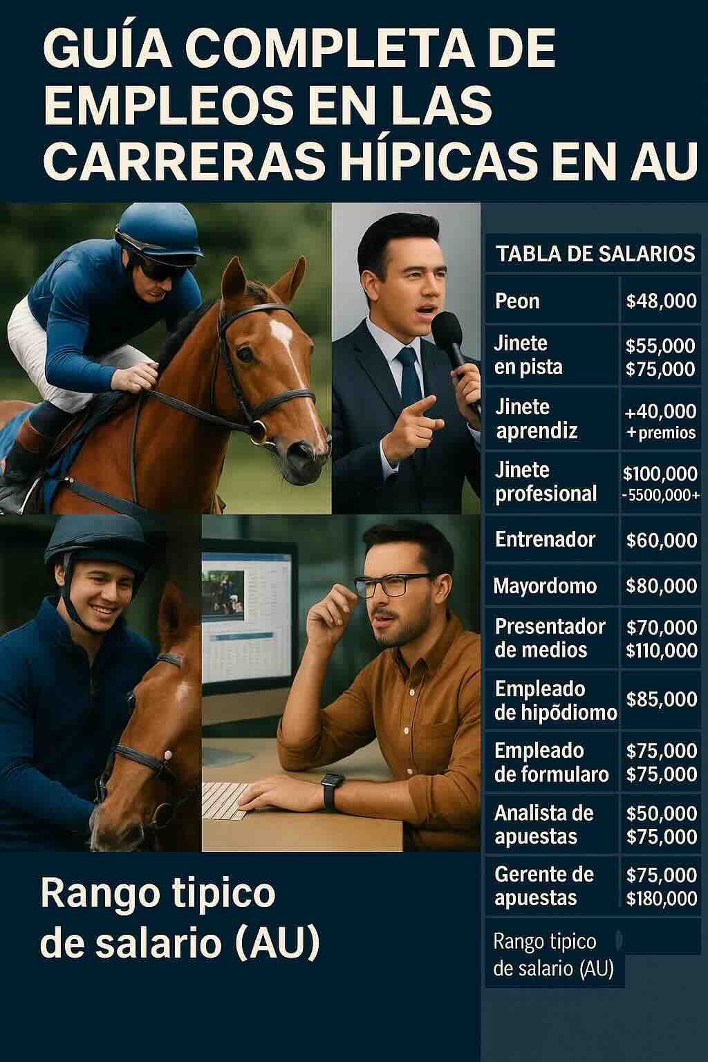 Collage de profesionales de carreras de caballos incluyendo jinetes, analistas y narradores de carreras, con una tabla de salarios para empleos en carreras de caballos en Australia