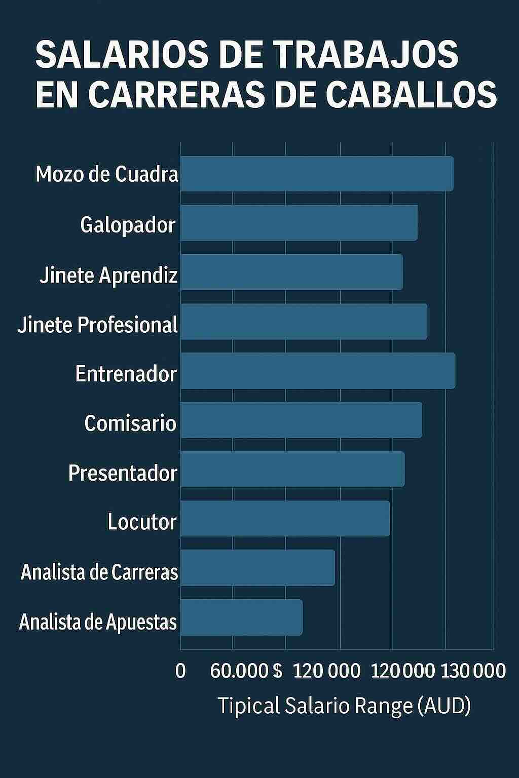 Gráfico de barras mostrando rangos salariales típicos en AUD para diversos trabajos en carreras de caballos en Australia incluyendo jinetes, comisarios, analistas y entrenadores