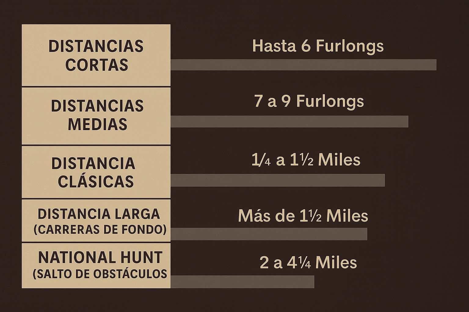 Gráfico de distancias de carreras de caballos que muestra categorías y rangos en furlongs y millas
