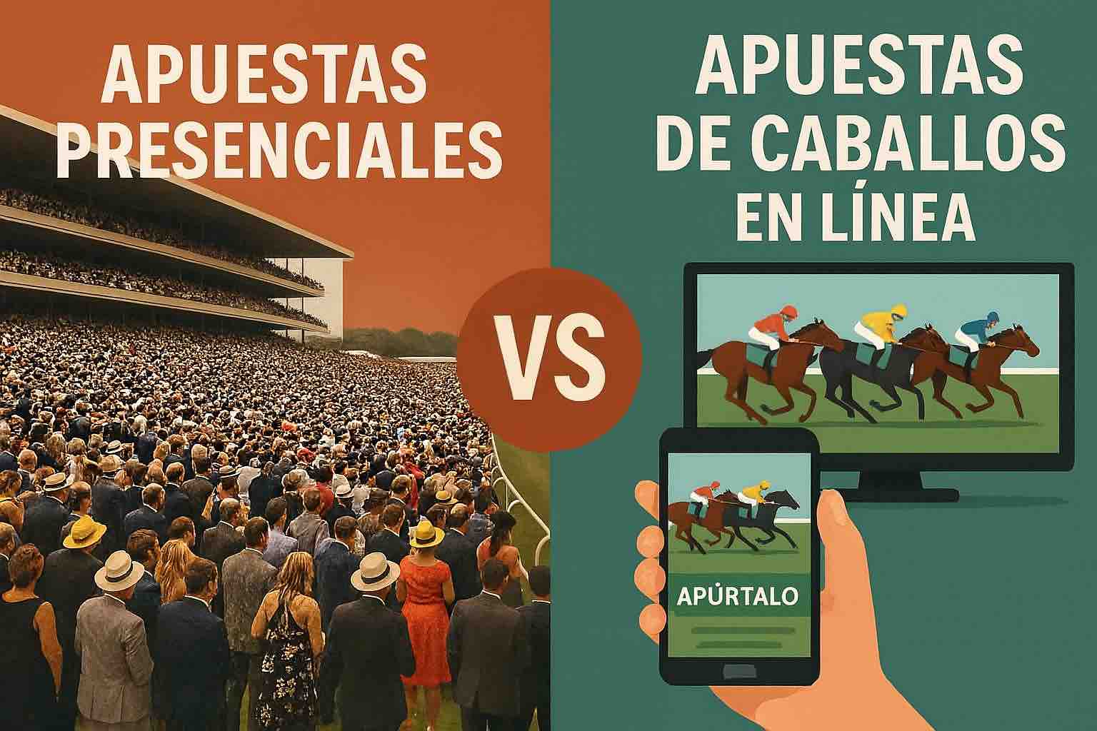 Multitud apostando en el hipódromo vs apuestas en línea desde móvil y TV
