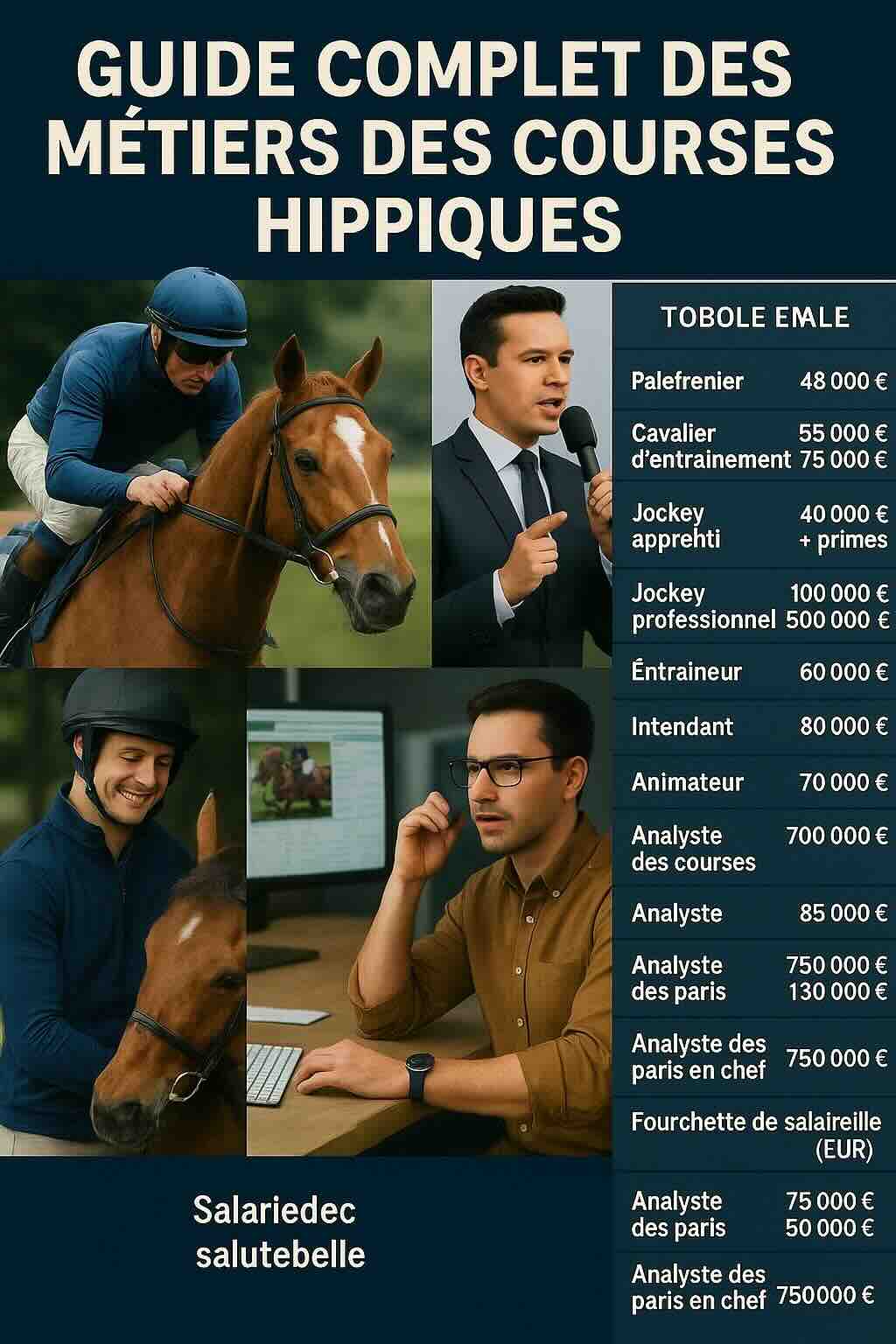 Collage de professionnels des courses hippiques, incluant jockeys, analystes et commentateurs, avec un graphique des salaires pour les métiers en Australie