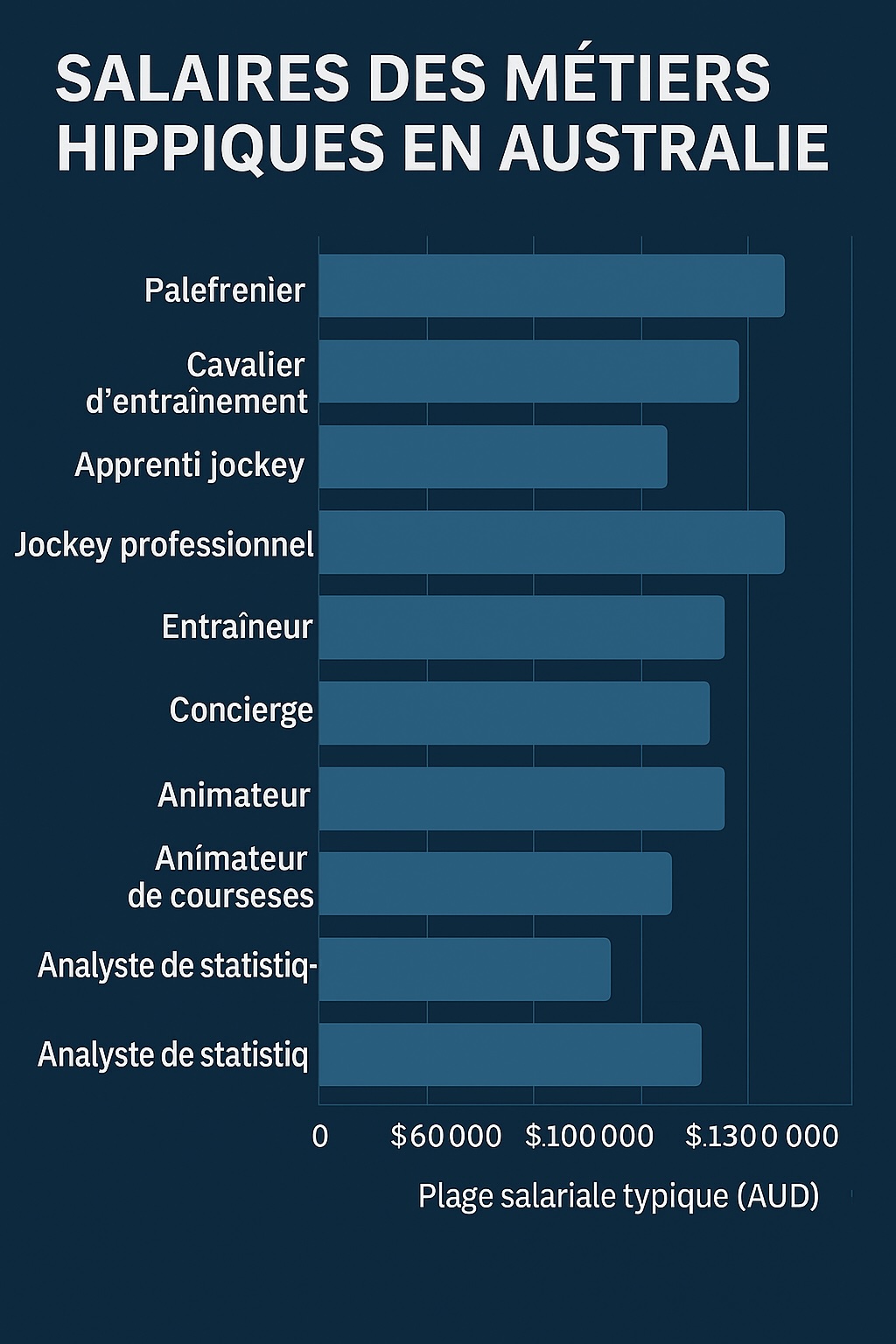Graphique à barres montrant les salaires typiques en AUD pour divers métiers des courses hippiques en Australie incluant jockeys, commissaires, analystes et entraîneurs