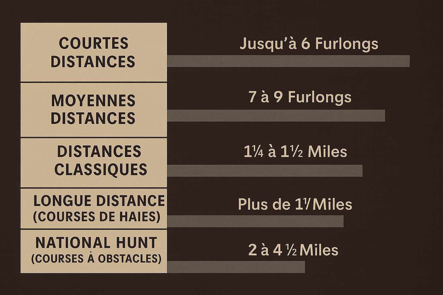 Graphique des distances de courses de chevaux montrant les catégories et les plages en furlongs et milles