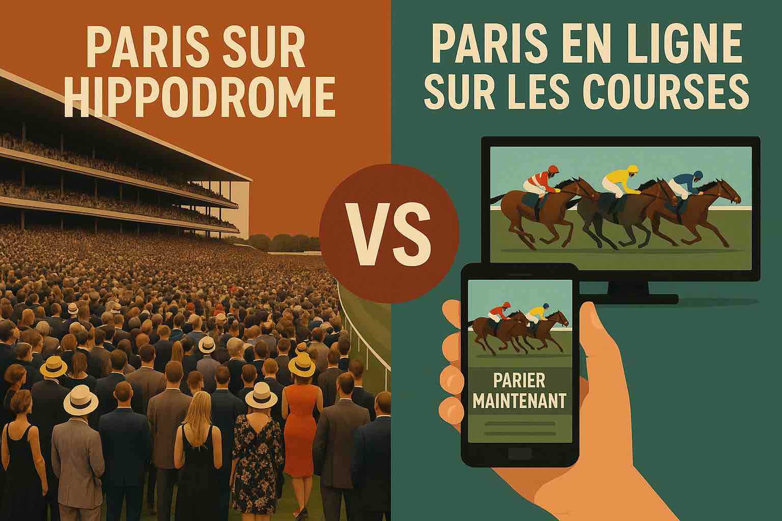 Foule de parieurs sur l’hippodrome vs parieurs en ligne sur téléphone et TV