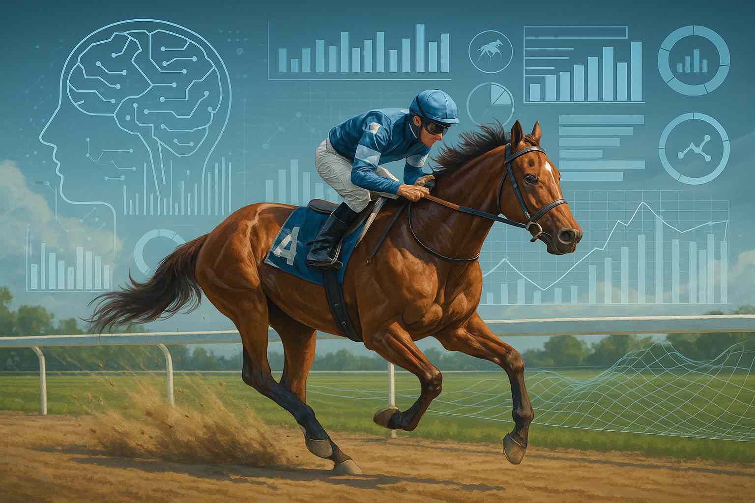 A chestnut racehorse in full gallop with jockey on track and AI data overlays showing speed and performance metrics
