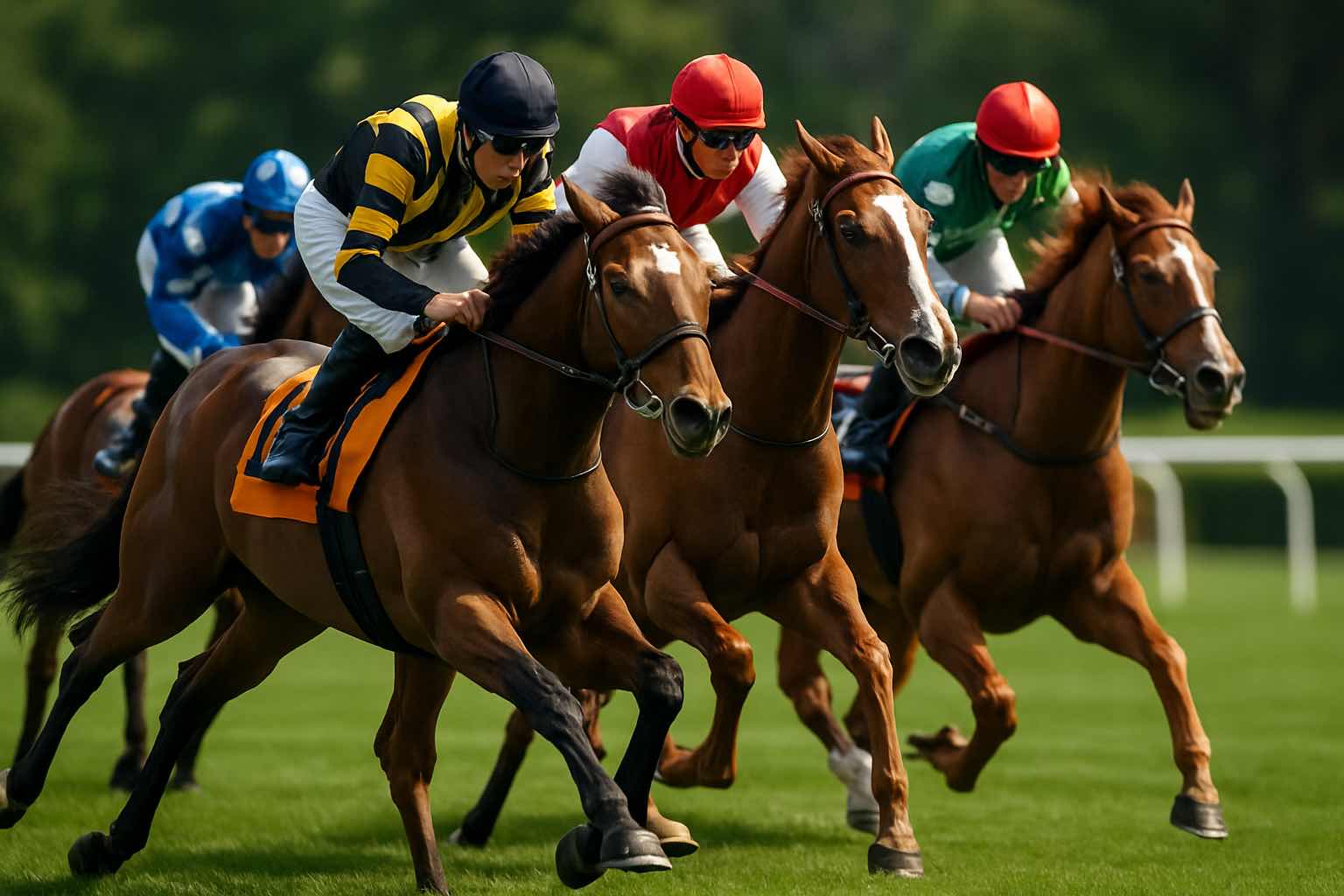A high-resolution photograph captures a horse race with jockeys in colorful silks riding at full speed on lush green turf