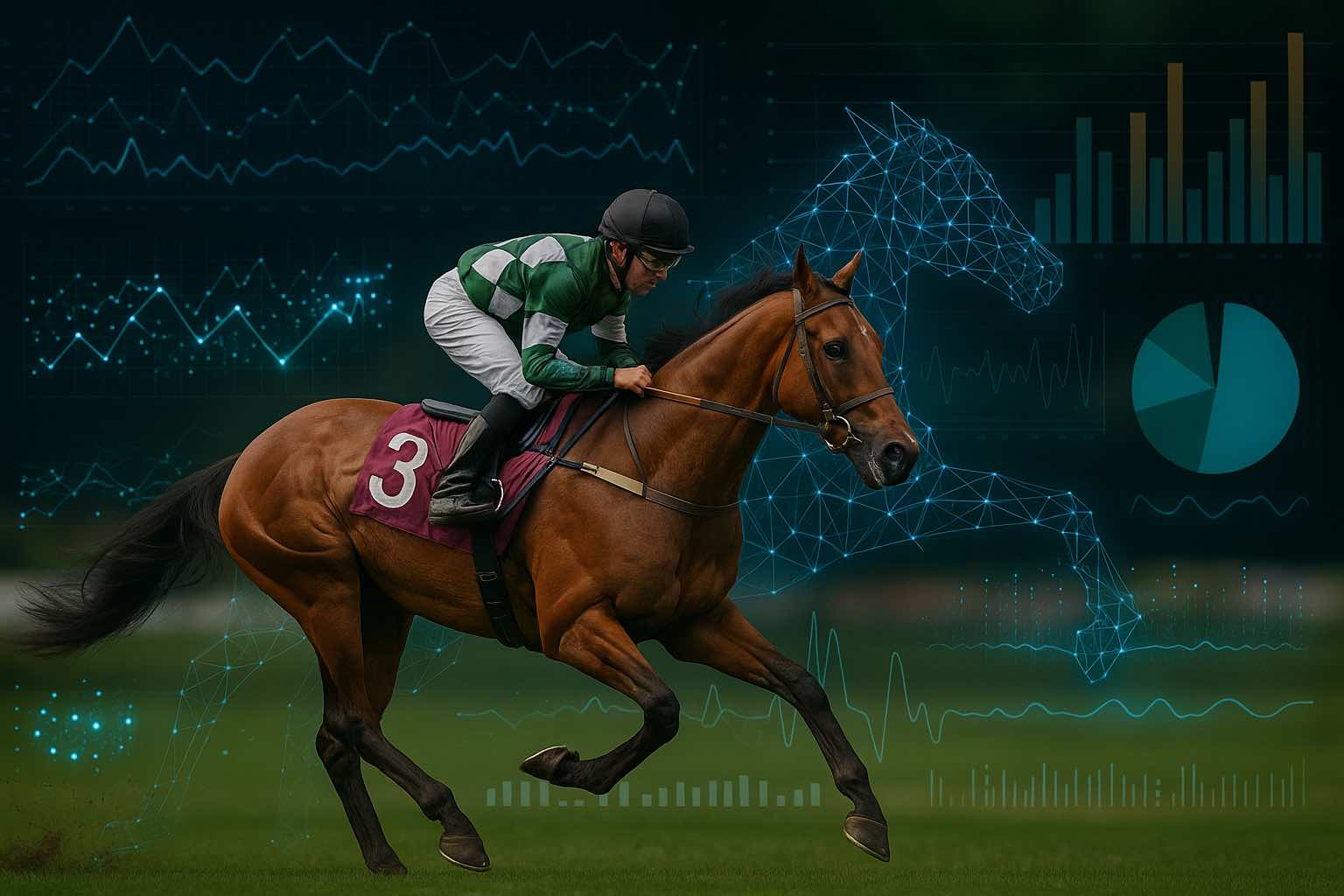 A chestnut racehorse in full gallop with data charts and digital overlays representing AI analytics in horse racing