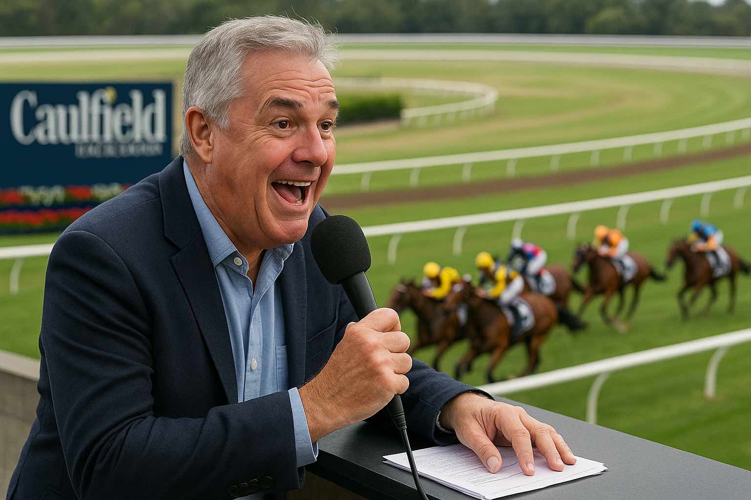 Commentateur à Caulfield avec micro et notes, représentant Terry Bailey