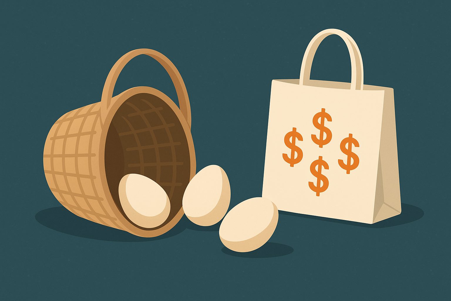 Cesta volcada con huevos derramados junto a una bolsa de dinero — símbolo de apuestas diversificadas
