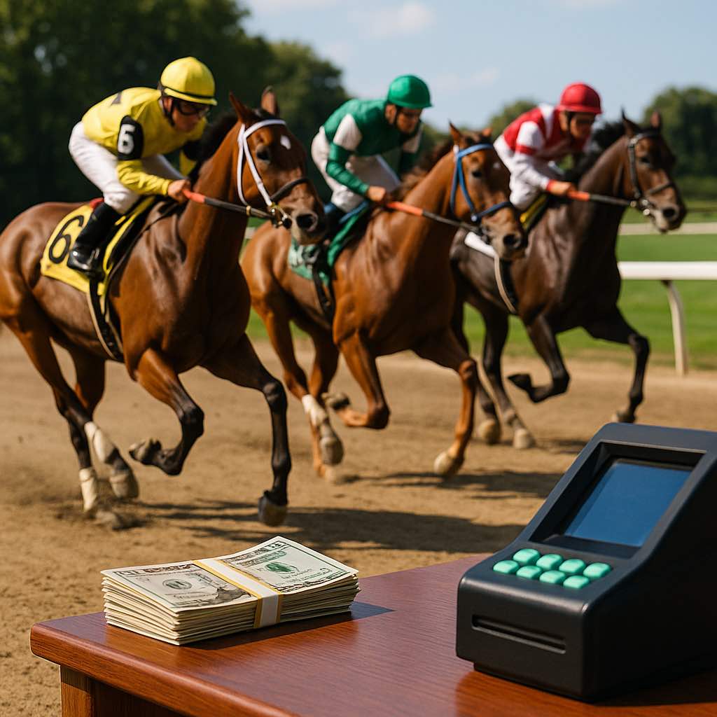 Jockeys racing horses with cash and betting terminal in foreground