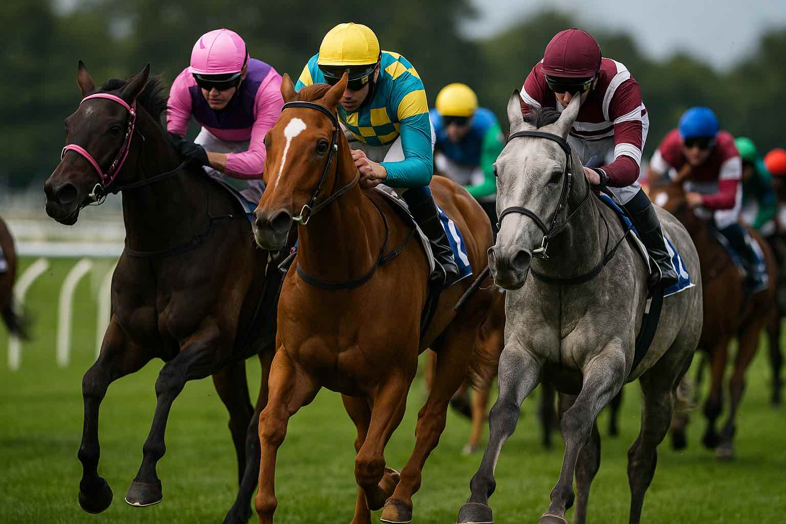 A powerful action shot of Melbourne Cup racehorses and jockeys in colorful silks sprinting on a lush green track
