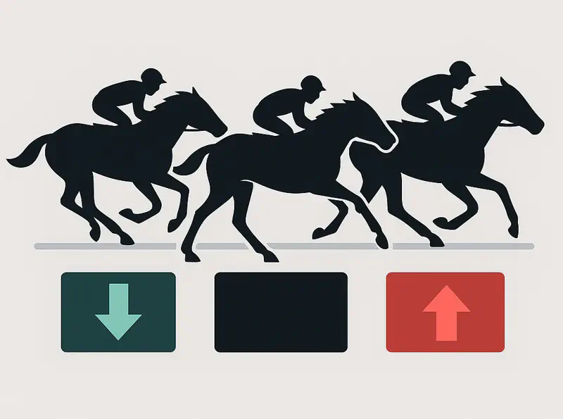 متحركو سوق سباقات الخيل مع خيول وأسهم توضح الاحتمالات.