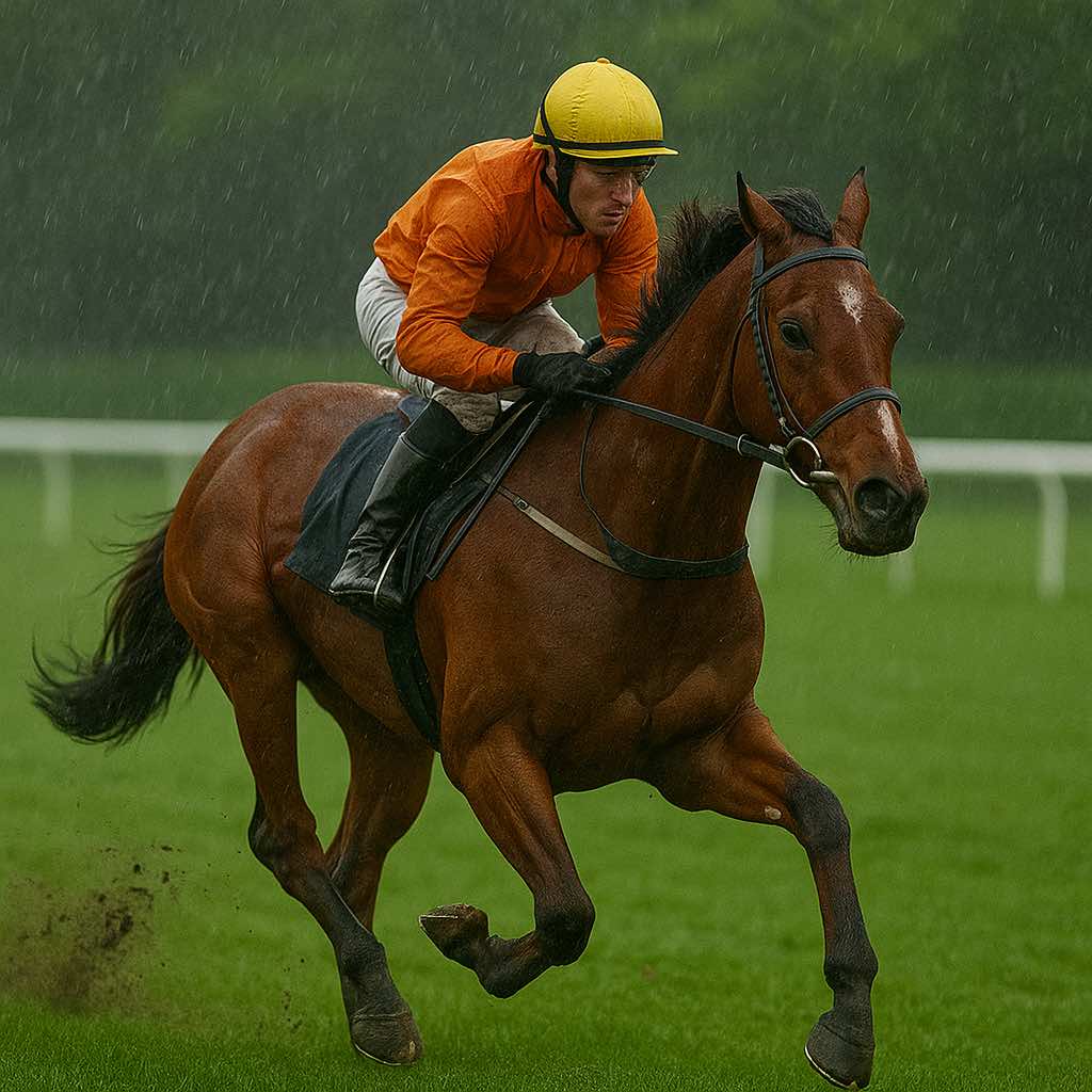 Courses de chevaux sur une piste lourde sous la pluie
