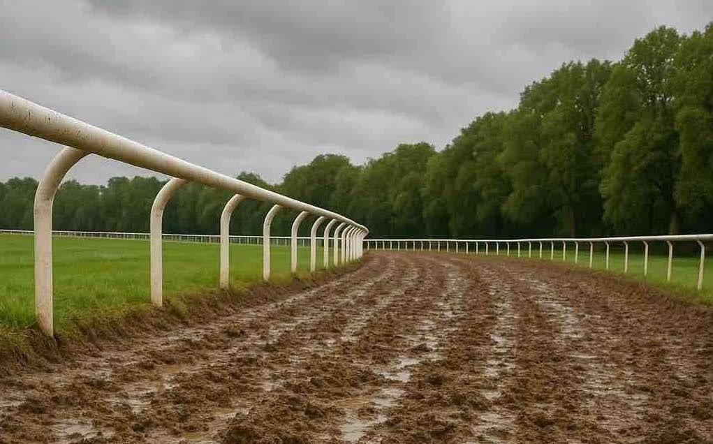 Piste de course hippique boueuse et détrempée avec empreintes profondes et flaques d’eau
