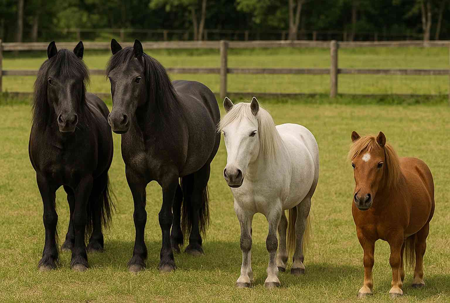 Shetland, Welsh, Connemara, and Chestnut ponies by a wooden fence