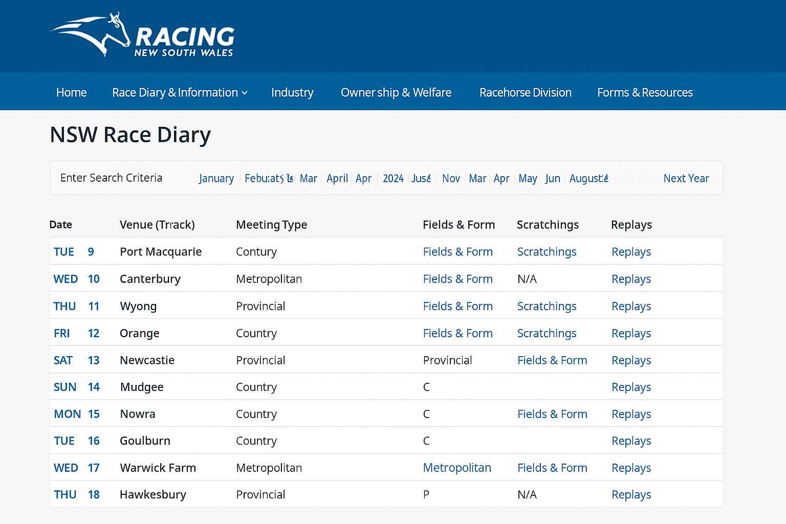 Capture d’écran du Racing NSW Diary – Vue Fields & Form