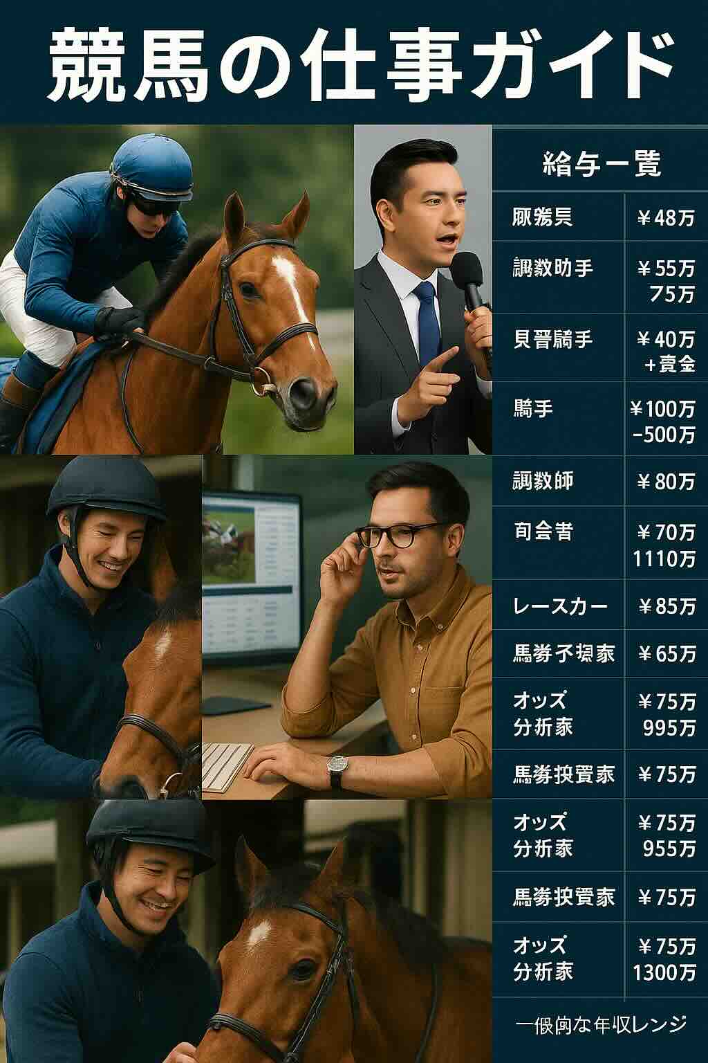 ジョッキー、アナリスト、実況者などの競馬関係者のコラージュとオーストラリアの競馬職種における給与チャート