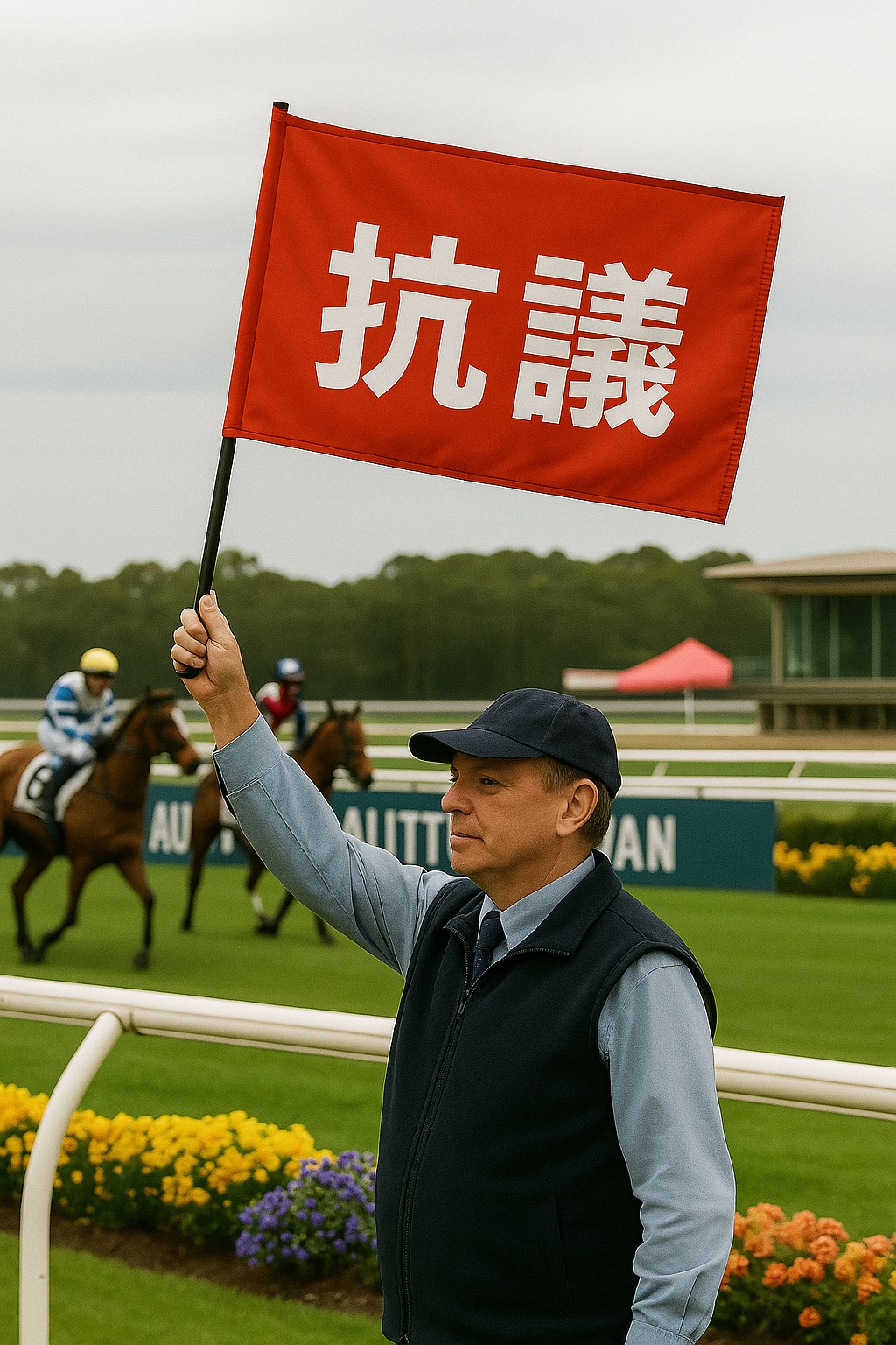 トラックサイドで掲げられた抗議フラグ