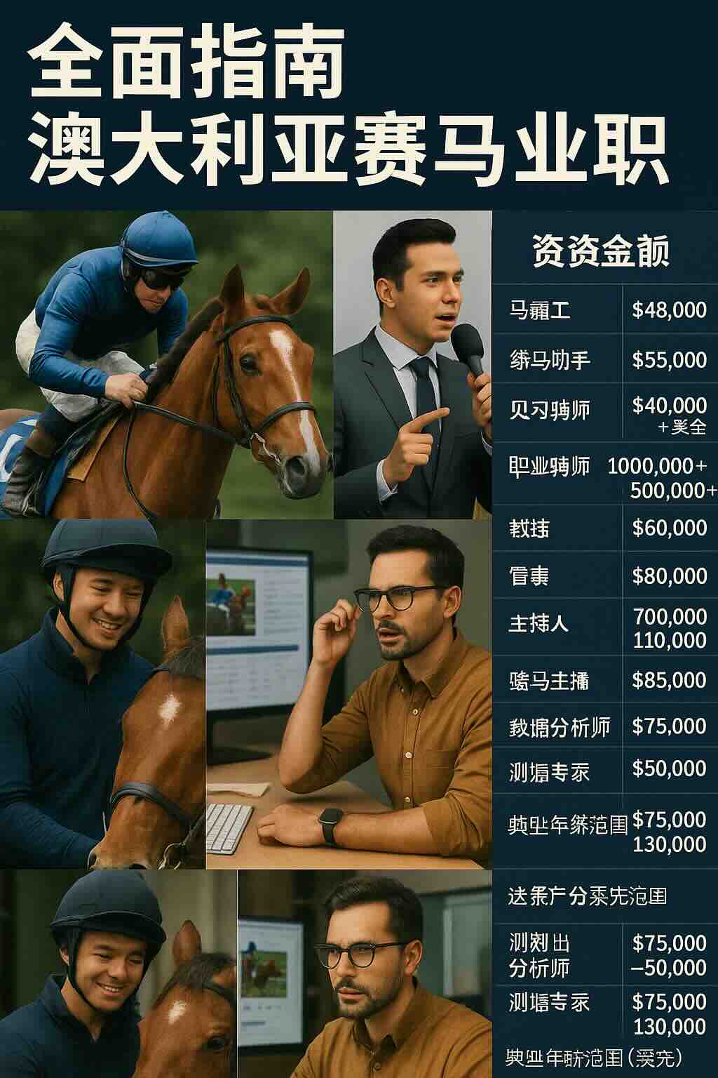 由骑师、分析师和赛事解说员组成的赛马从业者拼贴图，以及澳大利亚赛马职业的薪资图表
